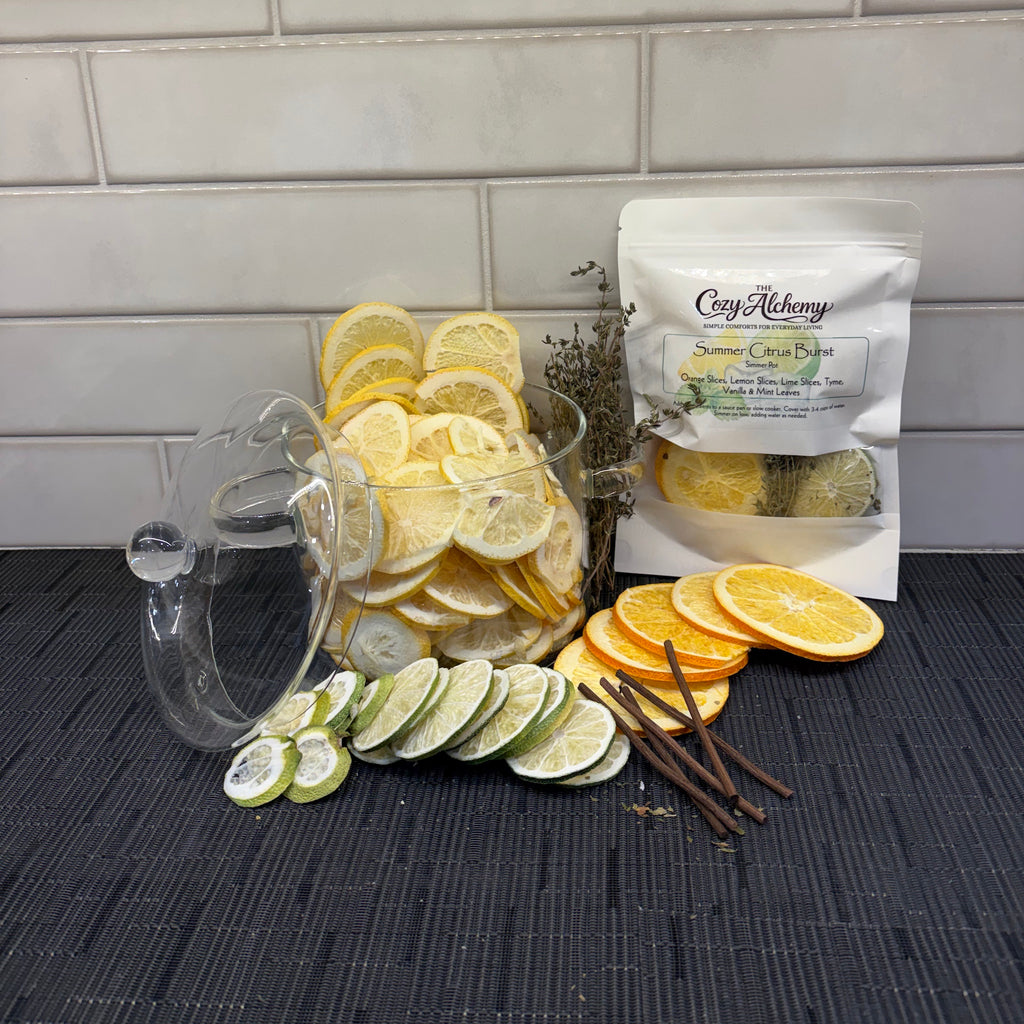 Summer Citrus Burst simmer pot with freeze-dried orange, lemon, and lime slices — The Cozy Alchemy